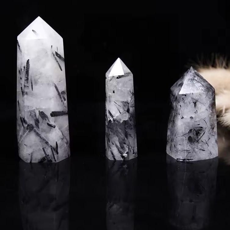 Natural single point Black hair quartz crystal hexagonal prism Tourmaline crystal column Energy stone