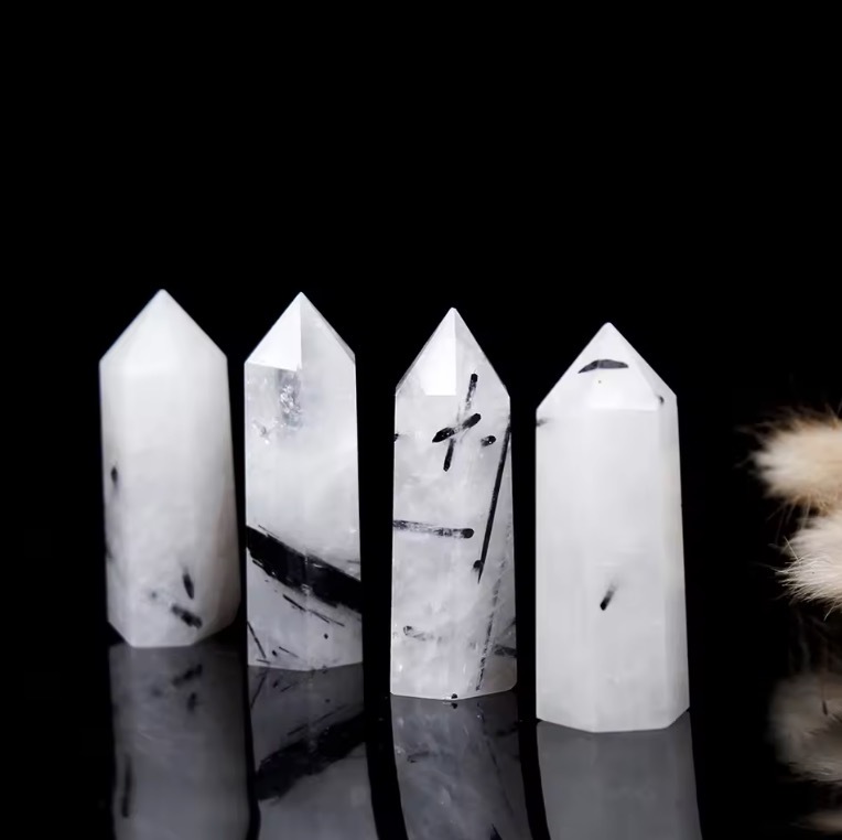 Natural single point Black hair quartz crystal hexagonal prism Tourmaline crystal column Energy stone