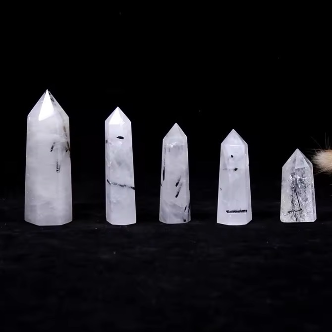 Natural single point Black hair quartz crystal hexagonal prism Tourmaline crystal column Energy stone