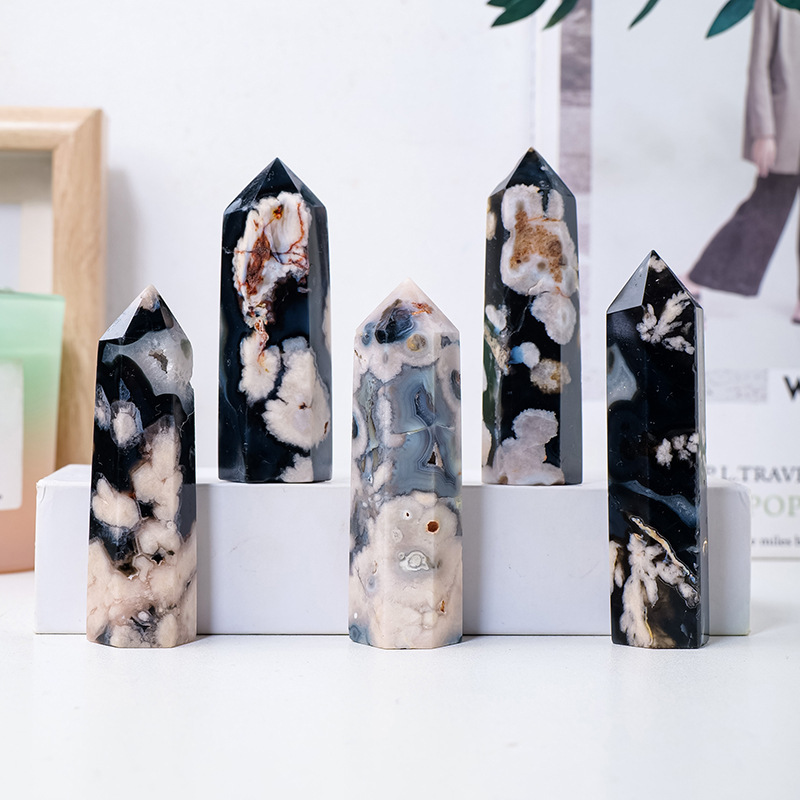 Natural crystal black cherry agate column ornaments crystal raw stone single pointed hexagonal column