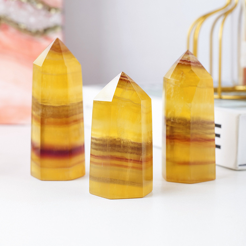 Natural crystal yellow fluorite column crystal raw stone single pointed hexagonal column