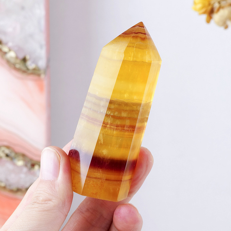 Natural crystal yellow fluorite column crystal raw stone single pointed hexagonal column