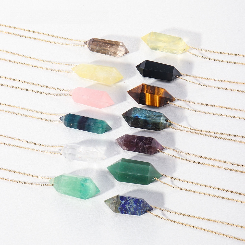 Natural crystal double-pointed crystal column gold chain hand-polished hexagonal necklace