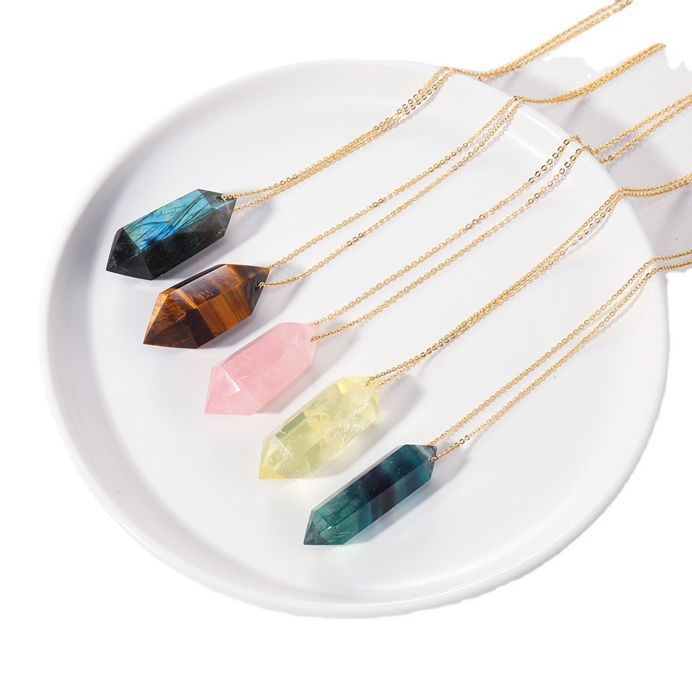 Natural crystal double-pointed crystal column gold chain hand-polished hexagonal necklace
