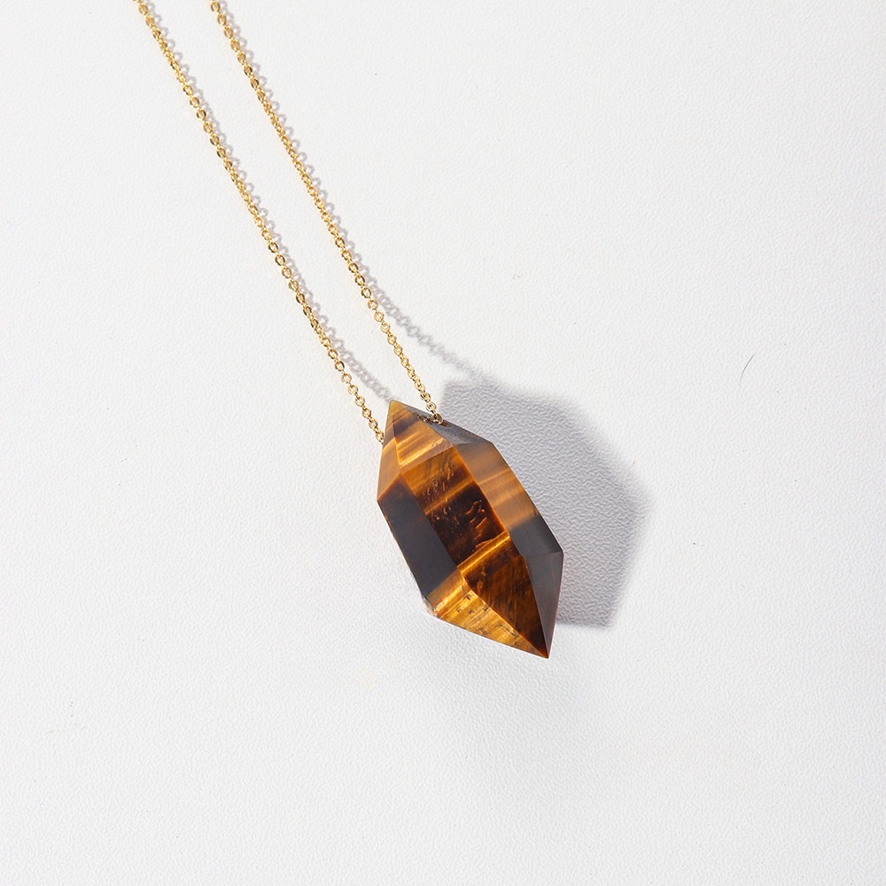 Natural crystal double-pointed crystal column gold chain hand-polished hexagonal necklace