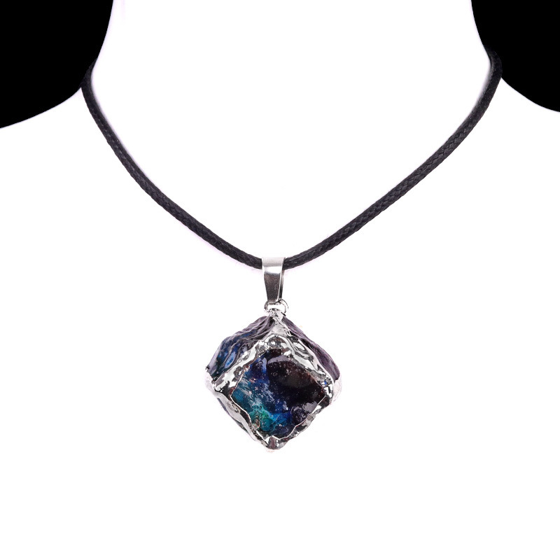 Imitation crystal raw stone cube electroplating color pendant artificial crystal sugar cube necklace