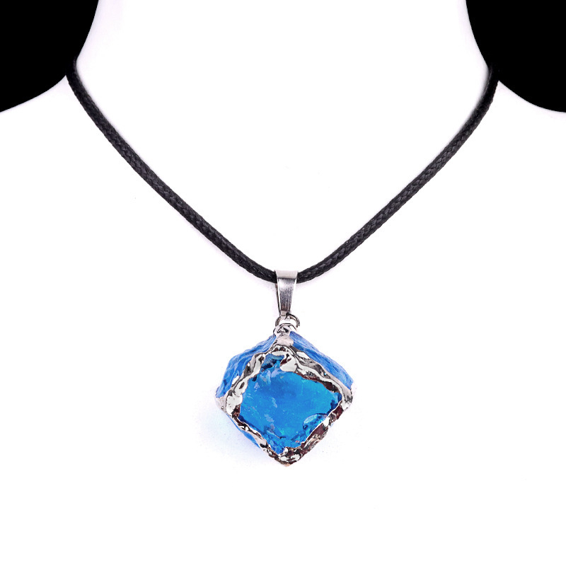 Imitation crystal raw stone cube electroplating color pendant artificial crystal sugar cube necklace
