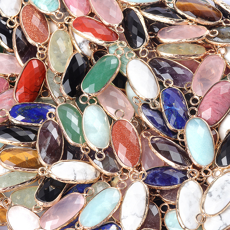 Natural crystal oval double-faceted double-hole pendant Diy jewelry accessories necklace earring accessories connector