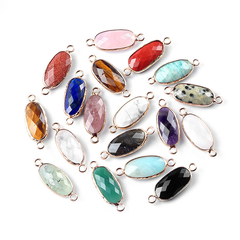 Natural crystal oval double-faceted double-hole pendant Diy jewelry accessories necklace earring accessories connector