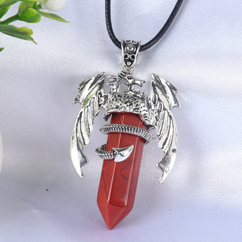 Large Fire Dragon Pendant Natural Crystal Alloy Hexagonal Column Double-pointed Flying Dragon Pterosaur Necklace
