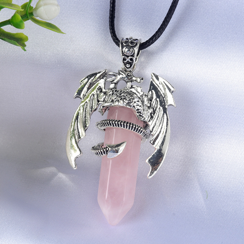Large Fire Dragon Pendant Natural Crystal Alloy Hexagonal Column Double-pointed Flying Dragon Pterosaur Necklace