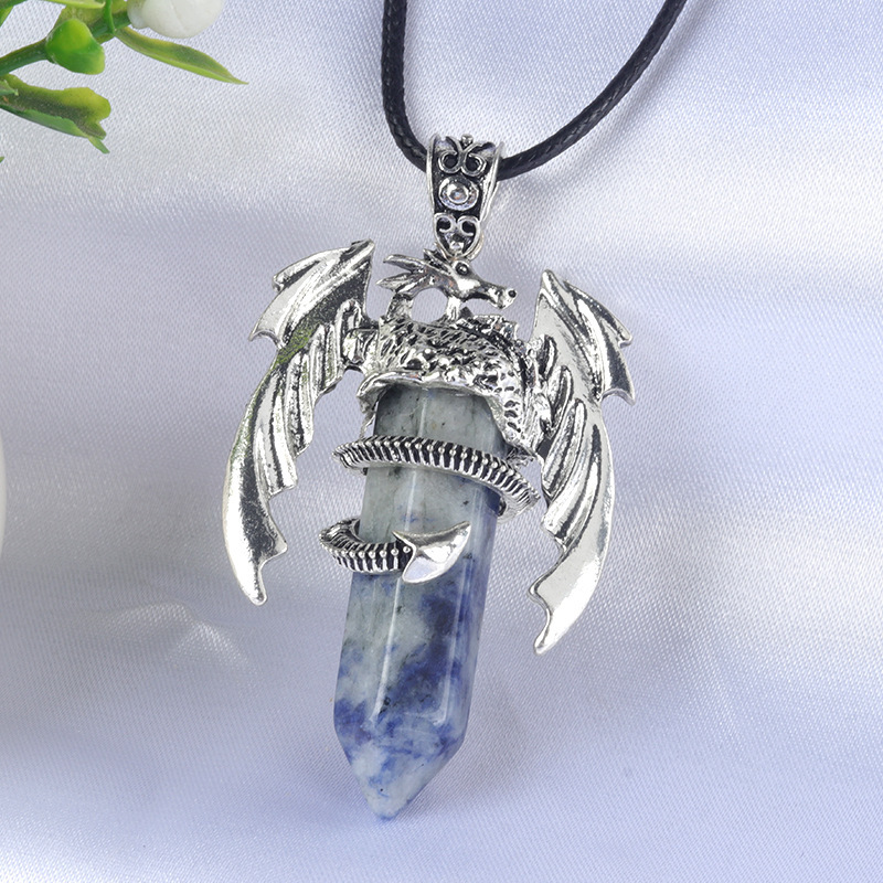 Large Fire Dragon Pendant Natural Crystal Alloy Hexagonal Column Double-pointed Flying Dragon Pterosaur Necklace