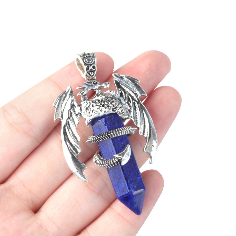 Large Fire Dragon Pendant Natural Crystal Alloy Hexagonal Column Double-pointed Flying Dragon Pterosaur Necklace