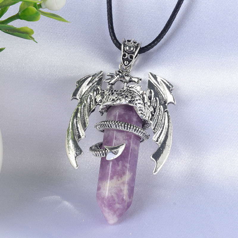 Large Fire Dragon Pendant Natural Crystal Alloy Hexagonal Column Double-pointed Flying Dragon Pterosaur Necklace