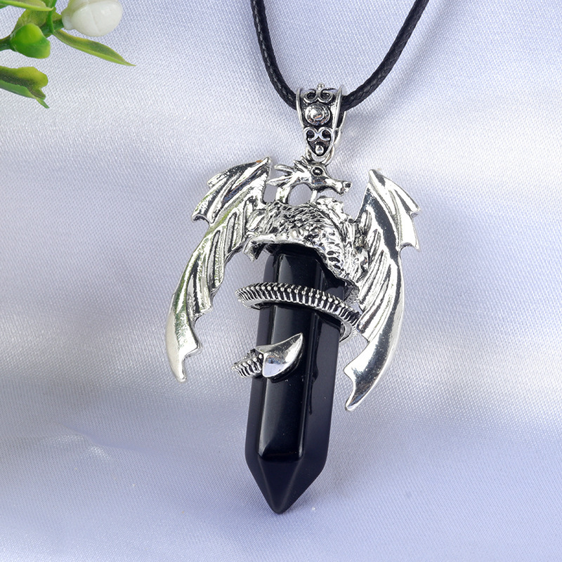 Large Fire Dragon Pendant Natural Crystal Alloy Hexagonal Column Double-pointed Flying Dragon Pterosaur Necklace