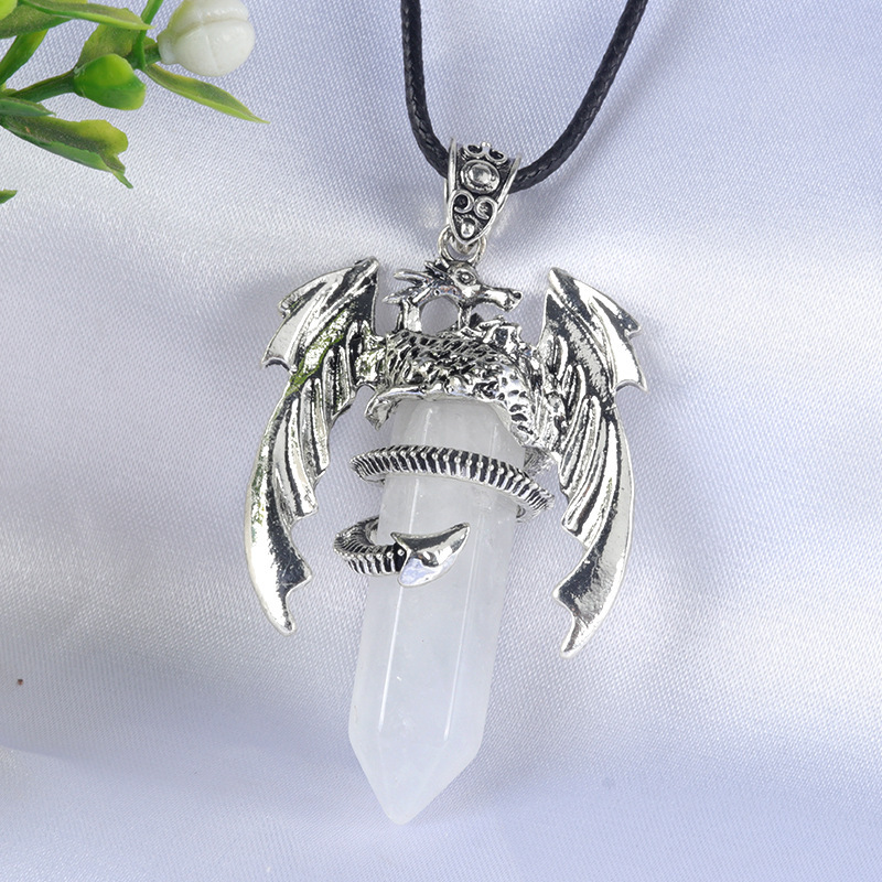 Large Fire Dragon Pendant Natural Crystal Alloy Hexagonal Column Double-pointed Flying Dragon Pterosaur Necklace