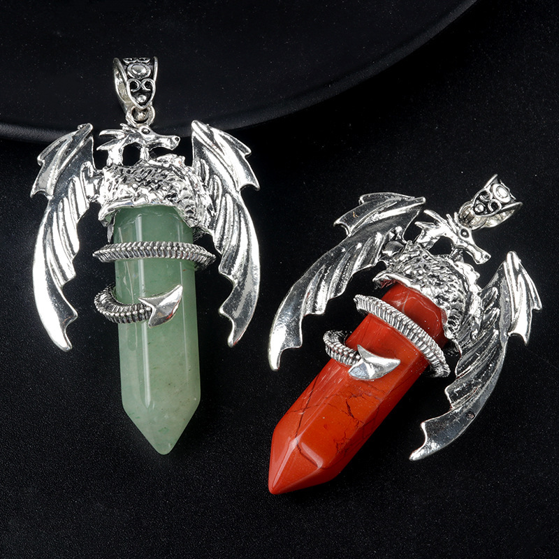 Large Fire Dragon Pendant Natural Crystal Alloy Hexagonal Column Double-pointed Flying Dragon Pterosaur Necklace