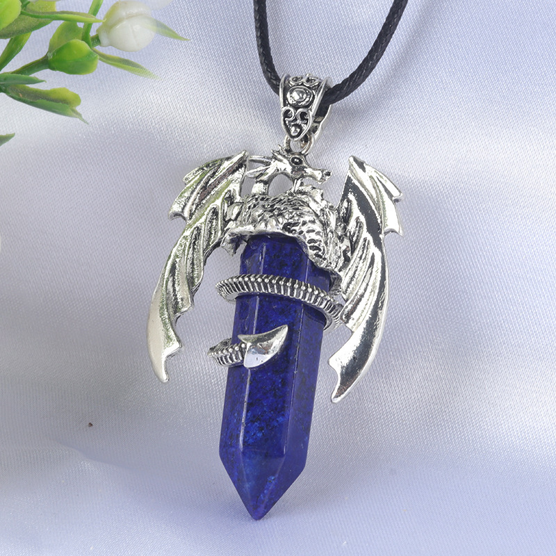 Large Fire Dragon Pendant Natural Crystal Alloy Hexagonal Column Double-pointed Flying Dragon Pterosaur Necklace