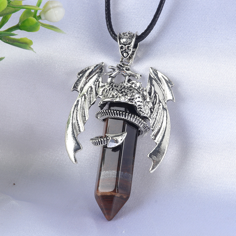 Large Fire Dragon Pendant Natural Crystal Alloy Hexagonal Column Double-pointed Flying Dragon Pterosaur Necklace