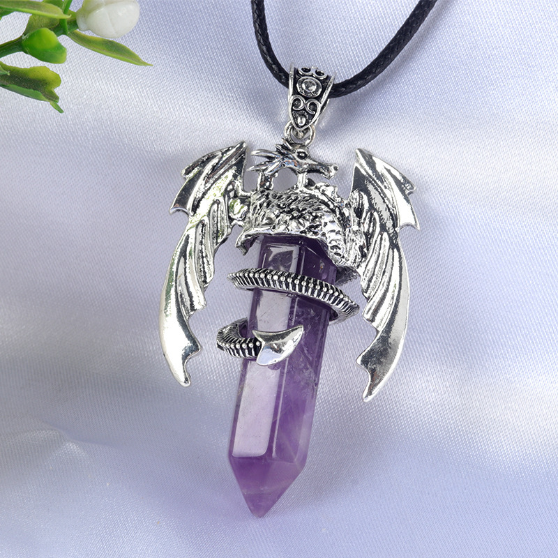 Large Fire Dragon Pendant Natural Crystal Alloy Hexagonal Column Double-pointed Flying Dragon Pterosaur Necklace