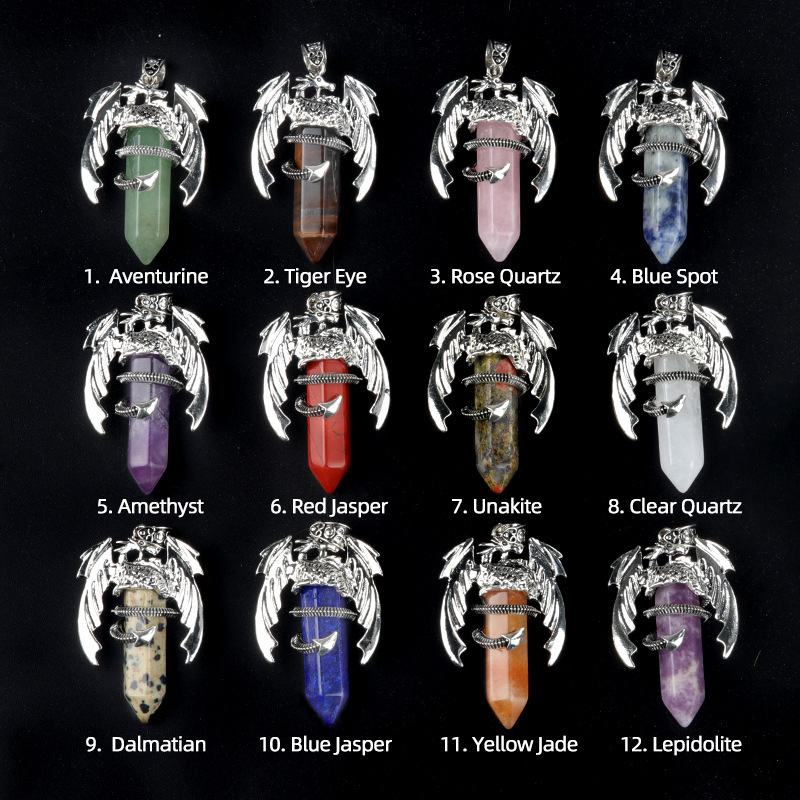 Large Fire Dragon Pendant Natural Crystal Alloy Hexagonal Column Double-pointed Flying Dragon Pterosaur Necklace