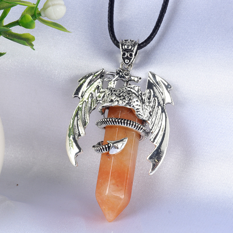 Large Fire Dragon Pendant Natural Crystal Alloy Hexagonal Column Double-pointed Flying Dragon Pterosaur Necklace