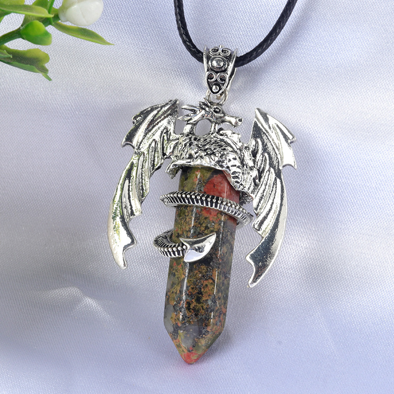 Large Fire Dragon Pendant Natural Crystal Alloy Hexagonal Column Double-pointed Flying Dragon Pterosaur Necklace