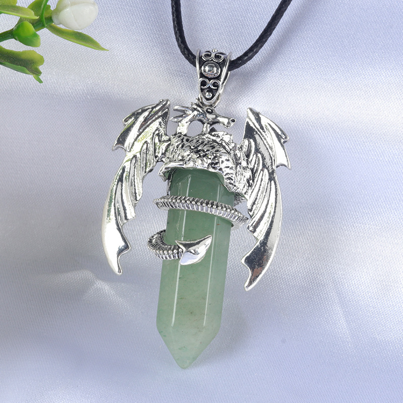 Large Fire Dragon Pendant Natural Crystal Alloy Hexagonal Column Double-pointed Flying Dragon Pterosaur Necklace