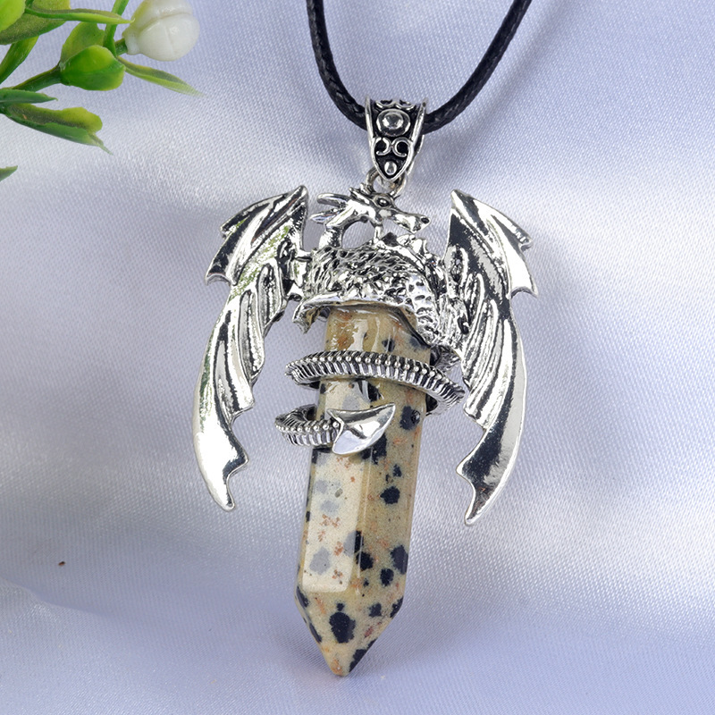 Large Fire Dragon Pendant Natural Crystal Alloy Hexagonal Column Double-pointed Flying Dragon Pterosaur Necklace
