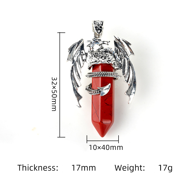 Large Fire Dragon Pendant Natural Crystal Alloy Hexagonal Column Double-pointed Flying Dragon Pterosaur Necklace