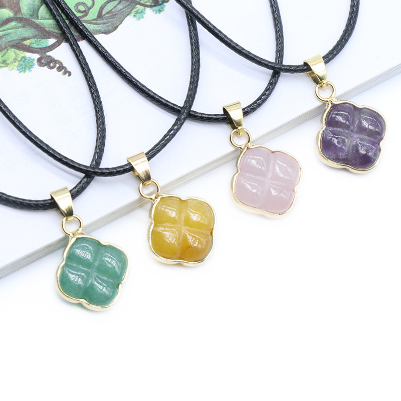 Four-leaf flower gilded pendant Natural crystal agate semi-precious stone carved flower necklace with leather cord