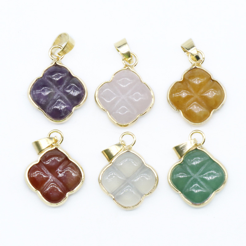 Four-leaf flower gilded pendant Natural crystal agate semi-precious stone carved flower necklace with leather cord