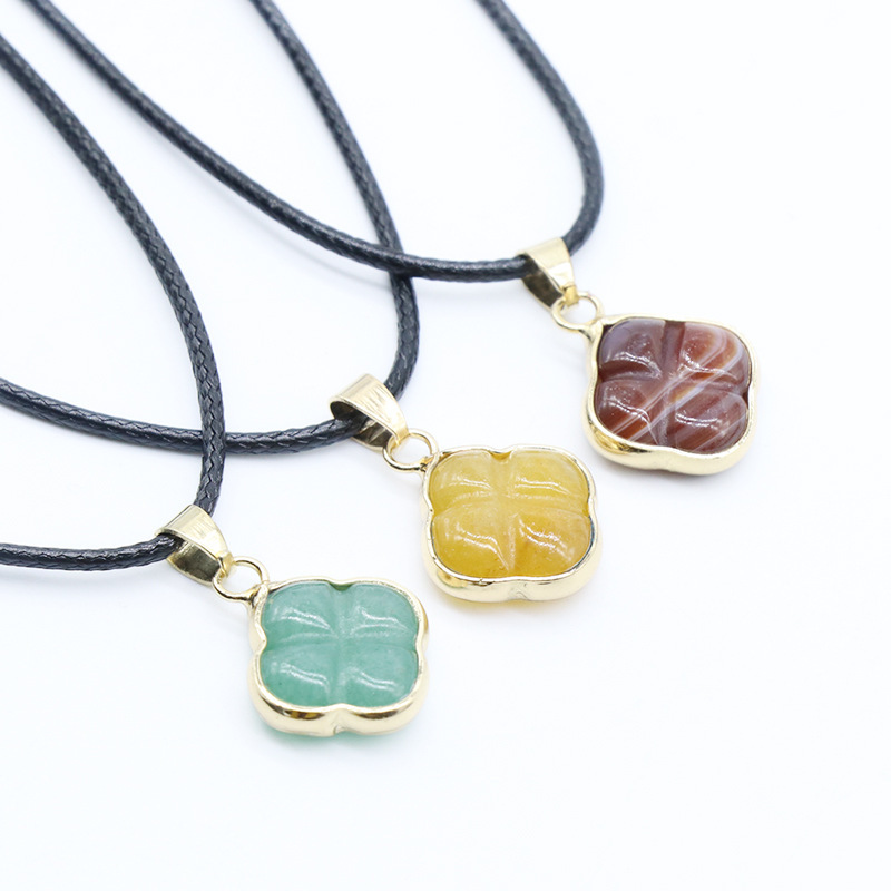 Four-leaf flower gilded pendant Natural crystal agate semi-precious stone carved flower necklace with leather cord
