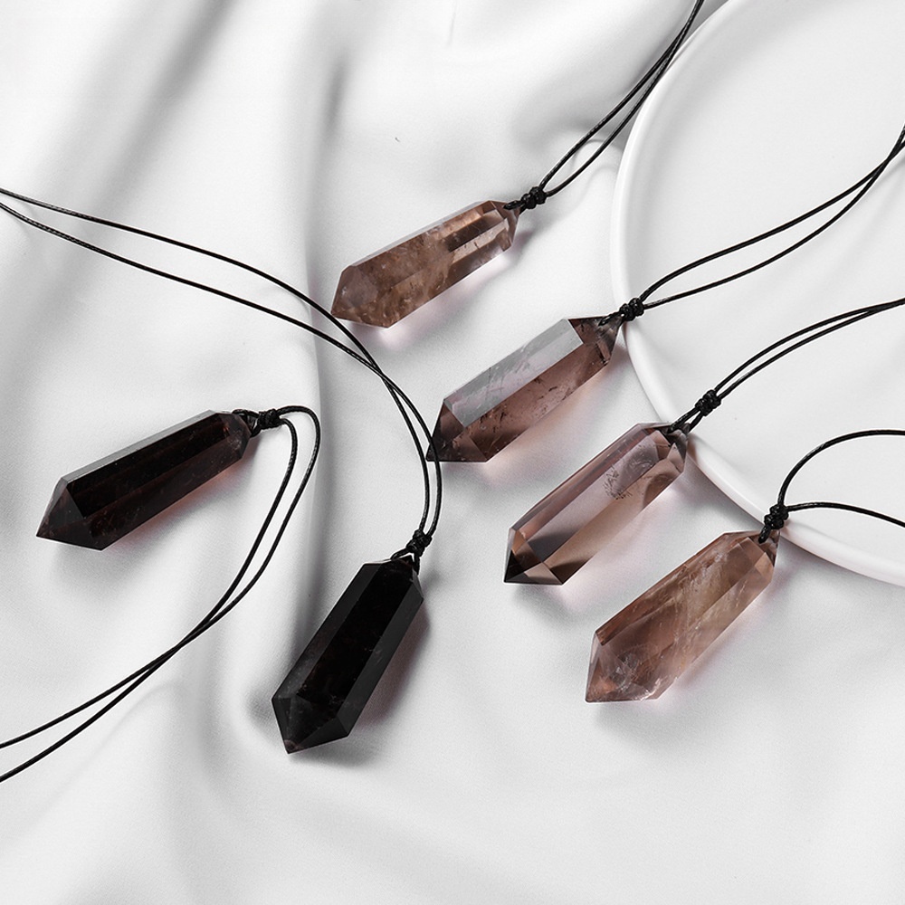 Natural smoky quartz double pointed column hexagonal necklace original stone polished exquisite necklace
