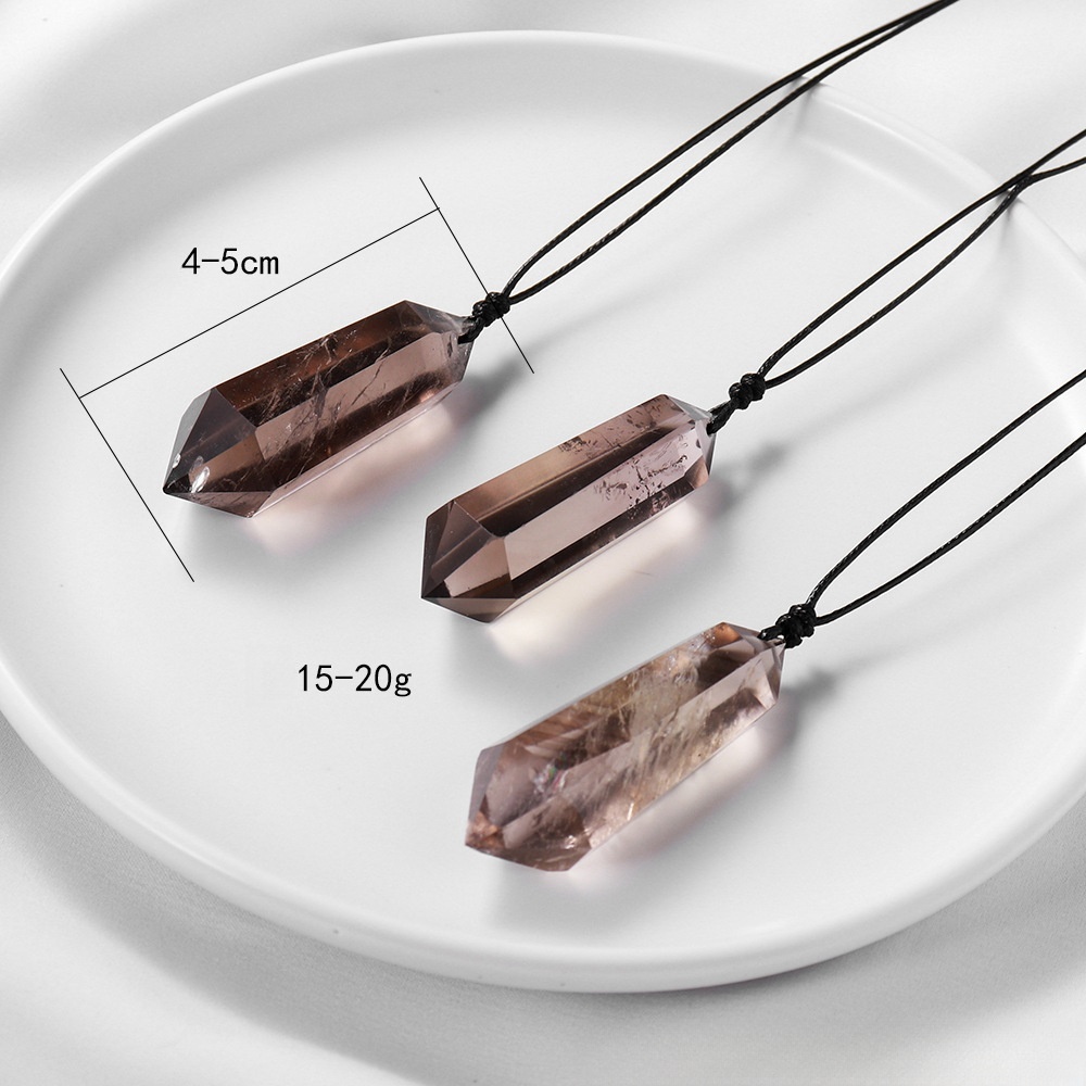 Natural smoky quartz double pointed column hexagonal necklace original stone polished exquisite necklace