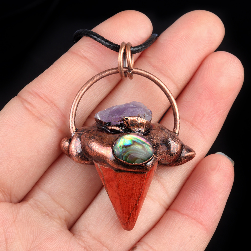 Crystal semi-precious stone hexagonal column cone retro style pendant inlaid with raw stone abalone bronze necklace