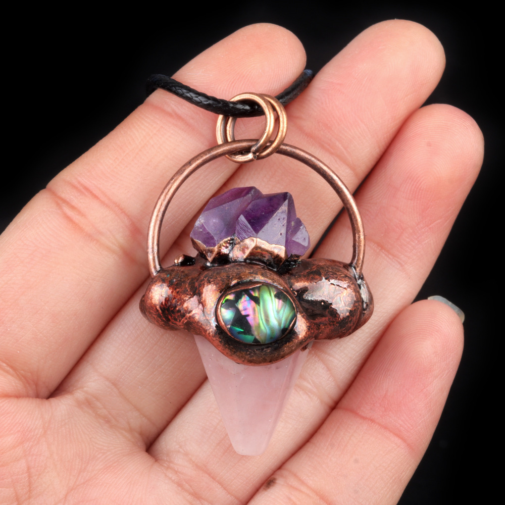 Crystal semi-precious stone hexagonal column cone retro style pendant inlaid with raw stone abalone bronze necklace