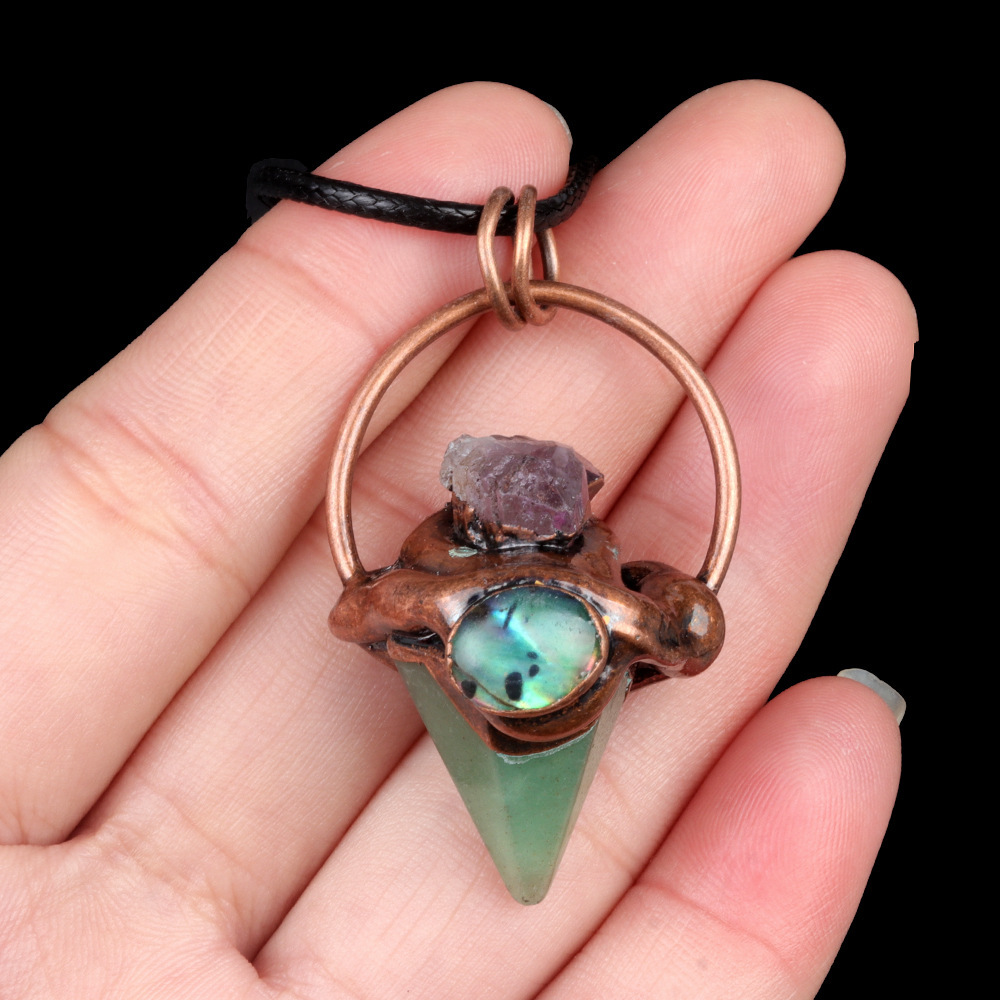 Crystal semi-precious stone hexagonal column cone retro style pendant inlaid with raw stone abalone bronze necklace