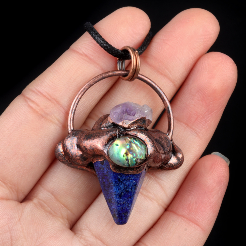 Crystal semi-precious stone hexagonal column cone retro style pendant inlaid with raw stone abalone bronze necklace
