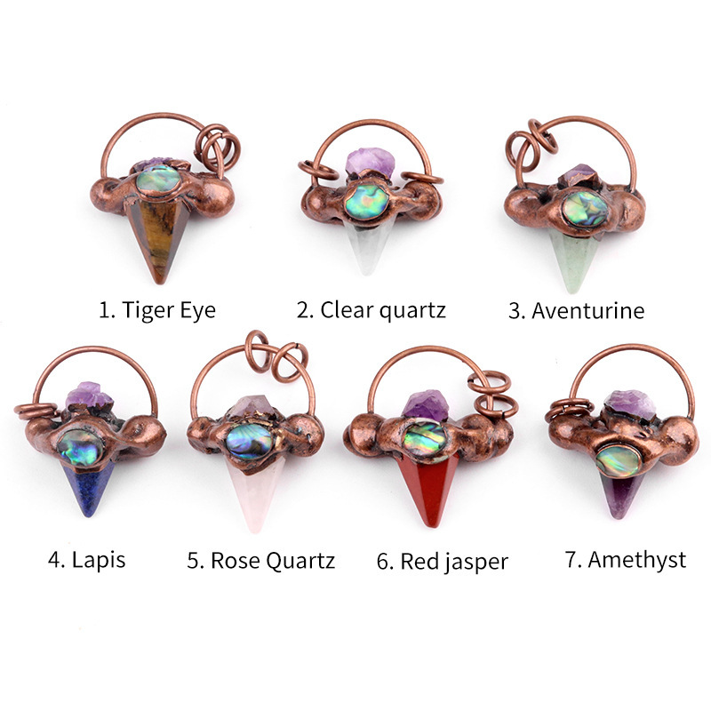 Crystal semi-precious stone hexagonal column cone retro style pendant inlaid with raw stone abalone bronze necklace