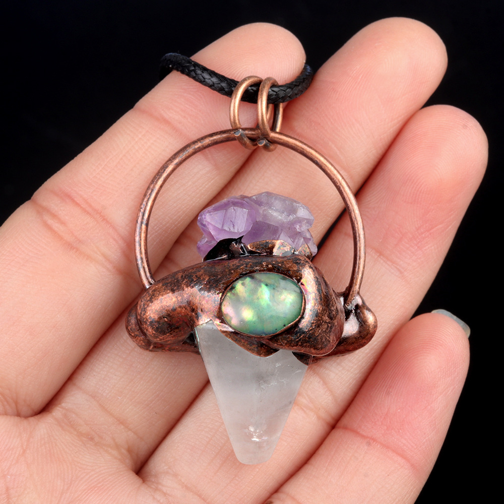Crystal semi-precious stone hexagonal column cone retro style pendant inlaid with raw stone abalone bronze necklace
