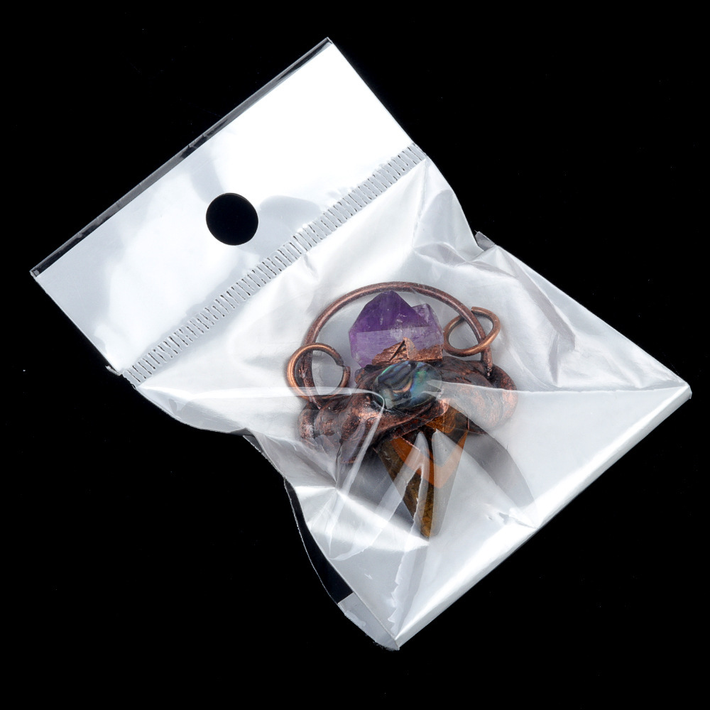 Crystal semi-precious stone hexagonal column cone retro style pendant inlaid with raw stone abalone bronze necklace
