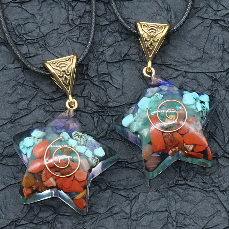 Natural crystal gemstone gravel five-pointed star resin pendant chakra colorful gravel five-pointed star necklace