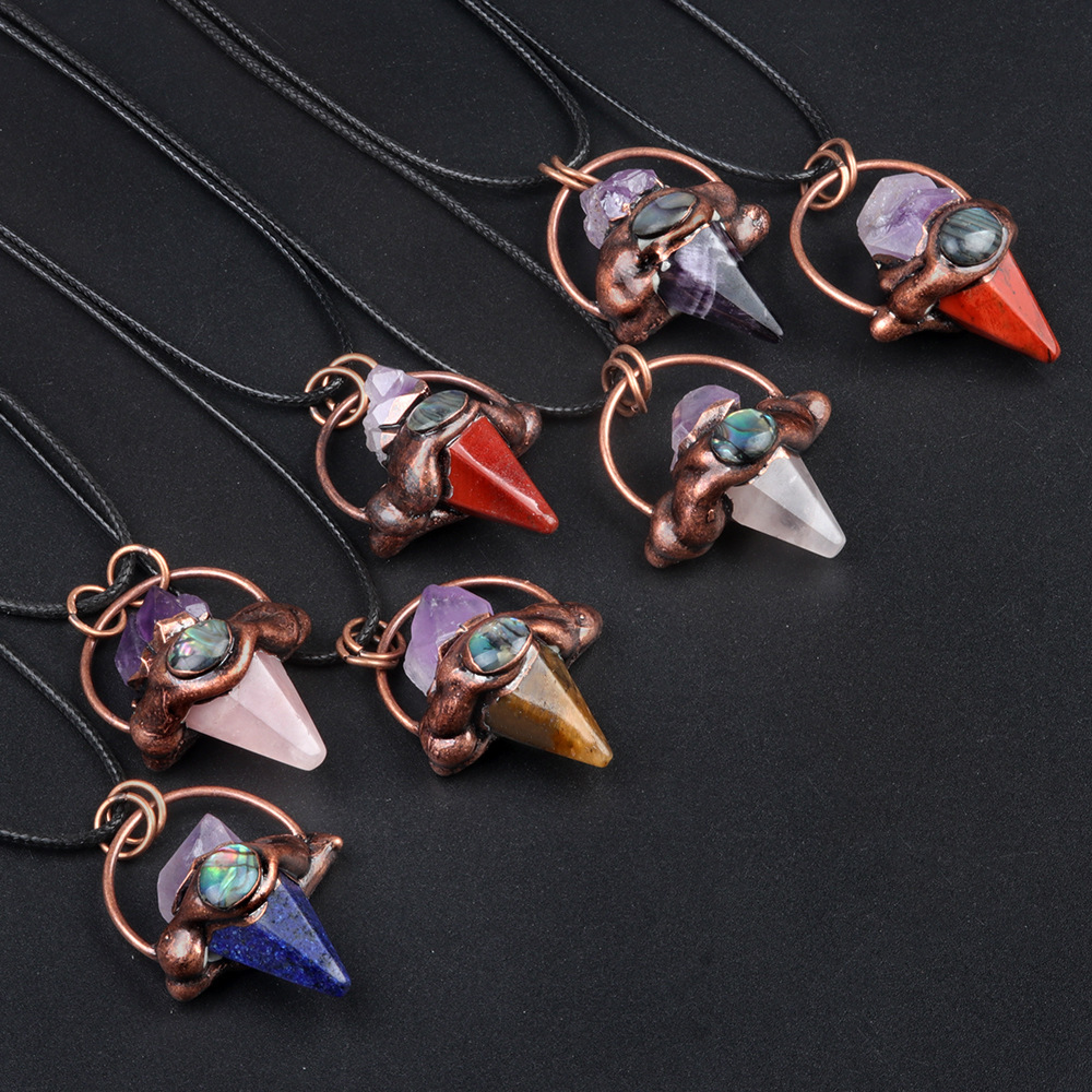 Crystal semi-precious stone hexagonal column cone retro style pendant inlaid with raw stone abalone bronze necklace
