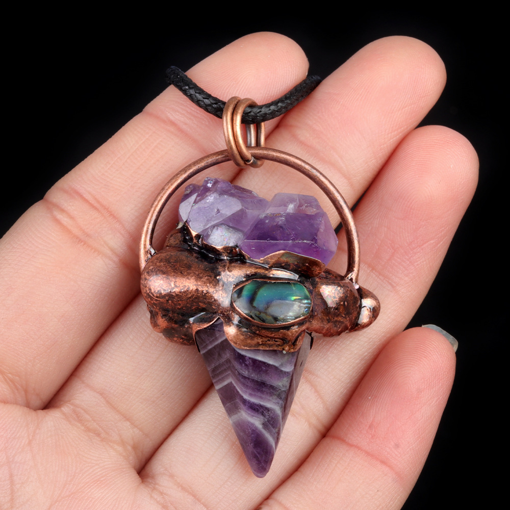 Crystal semi-precious stone hexagonal column cone retro style pendant inlaid with raw stone abalone bronze necklace
