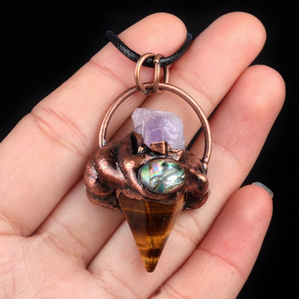 Crystal semi-precious stone hexagonal column cone retro style pendant inlaid with raw stone abalone bronze necklace