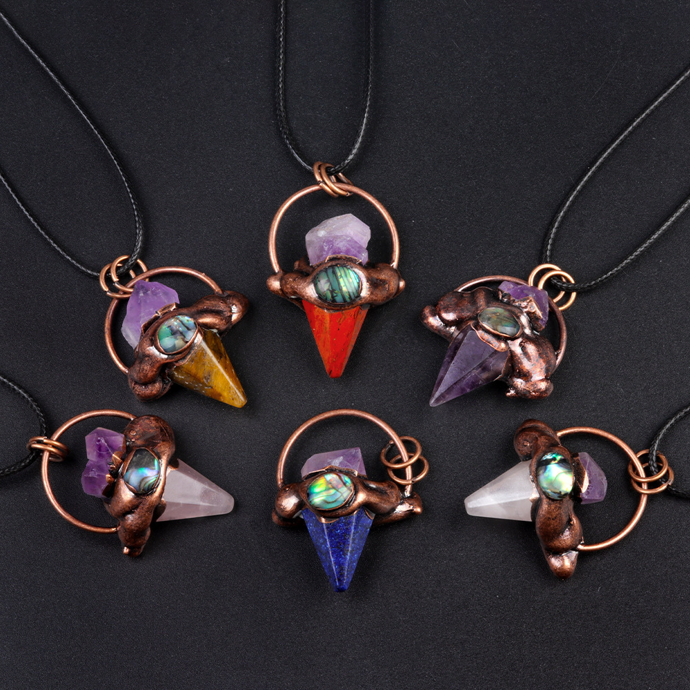Crystal semi-precious stone hexagonal column cone retro style pendant inlaid with raw stone abalone bronze necklace