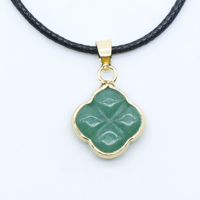 Four-leaf flower gilded pendant Natural crystal agate semi-precious stone carved flower necklace with leather cord