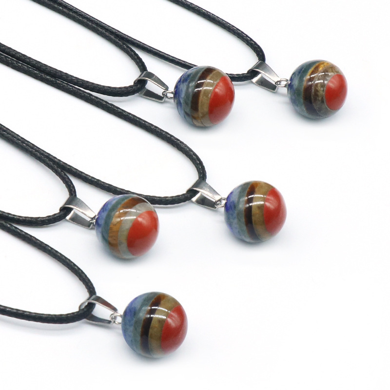 Natural crystal stone colorful stone 14mm ball pendant Chakra splicing colored stone necklace