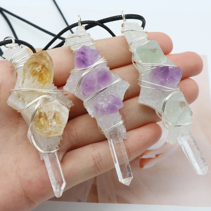 Crystal column raw stone inlaid wire pendant raw stone glue resin glue base necklace